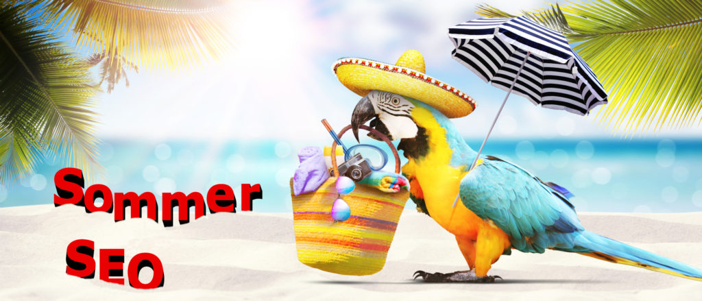 Papagei steht mit Strandkorb am Strand, im Hintergrund ist das Meer und die Buchstaben SommerSEO steht mit roten Buchstaben im Sand