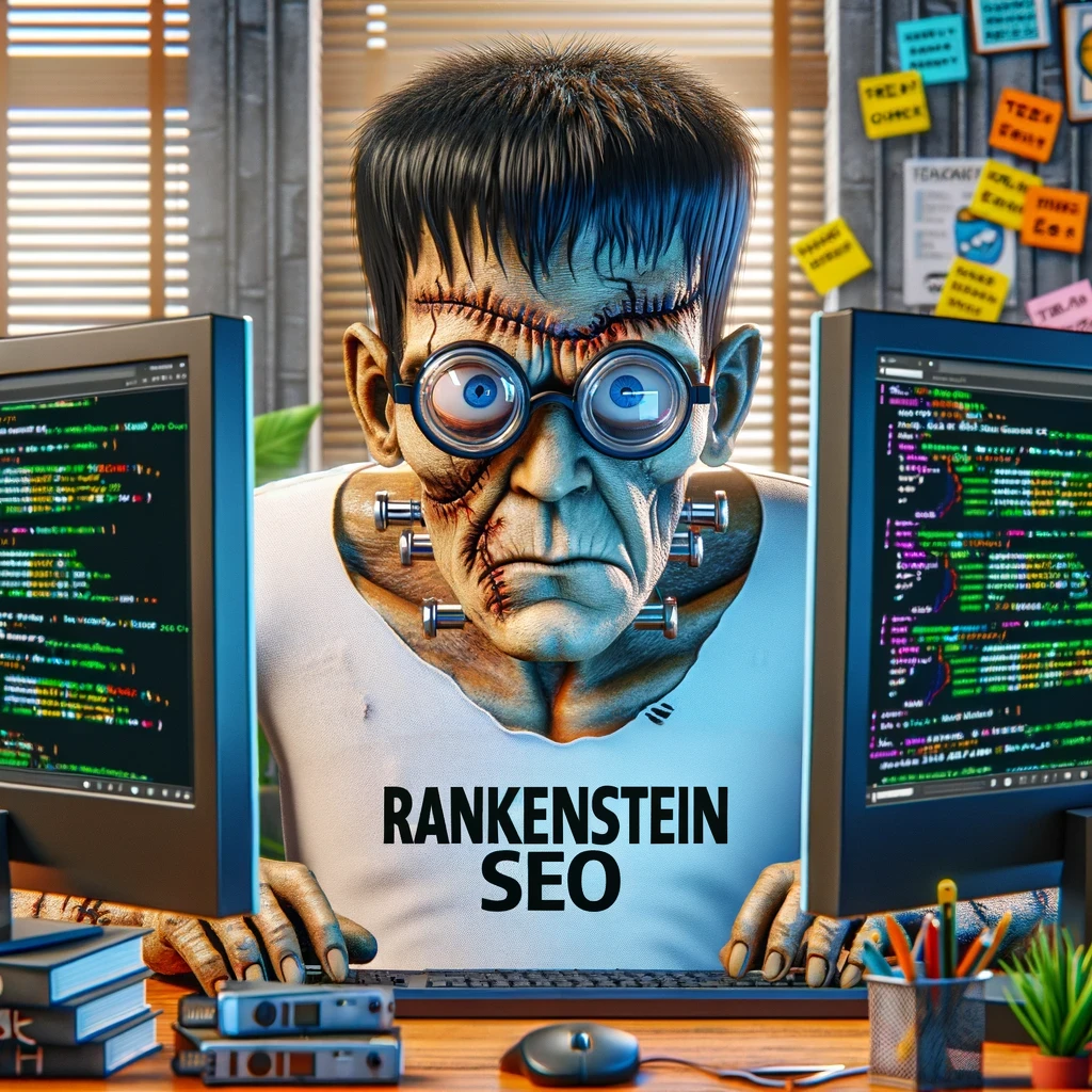 Rankensteinseo: Rankensteins Monster sitzt am PC mit verdrehten Monitoren